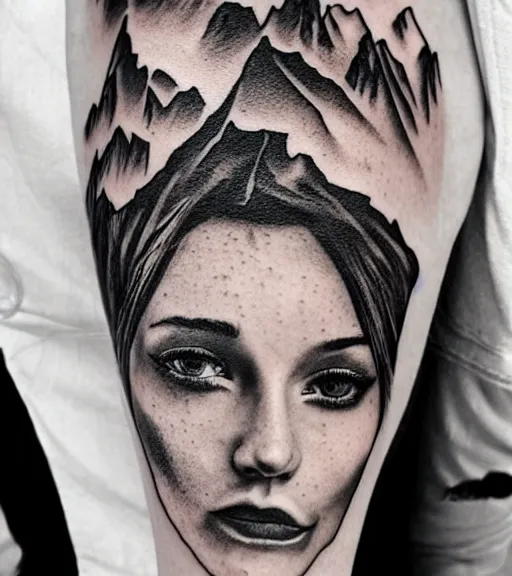 Prompt: beautiful blend effect of beautiful mountain scenery with a beautiful woman face, tattoo design sketch, hyper - realistic, in the style of matteo pasqualin, amazing detail, black and white