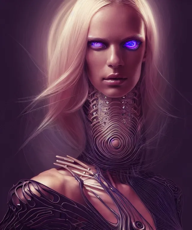 Image similar to Supermodel woman turning into an Android portrait, dark surrealism , scifi, intricate, elegant, sharp eyebrows, ornate long flowing blonde hair, highly detailed cybernetic body, neon glowing eyes, digital painting, artstation, concept art, smooth, sharp focus, illustration, art by Artgerm and moebius and Peter Mohrbacher