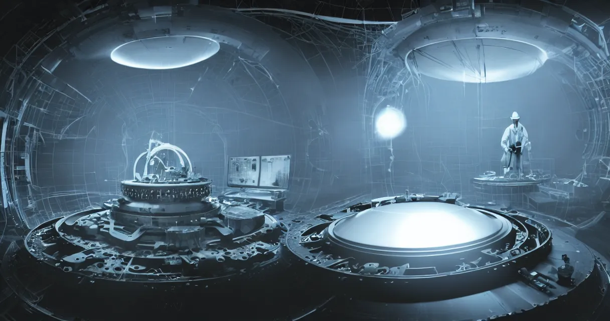 Image similar to engineer carefully repairs top secret flying saucer with ripped reactor, in the hightech laboratory full of different advanced metal equipments like holographic tomograph, quantum sensor resonator, laser atomic microscope, electronic machines and military scientific parts, very high details, volumetric fog, raytracing, back light, raymarching, by ilm, by digital domain, by weta digital