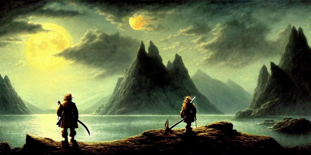 Image similar to a hobbit out at a lord of the rings scenery landscape, staring across the sea from the shore at a white timber sail boat leaving harbour, evening, highly detailed, vivid colour, soft clouds, full moon low in sky, cinematic lighting, perfect composition, gustave dore, derek zabrocki, greg rutkowski, belsinski