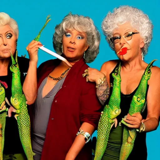 Prompt: worldstar TLC reality TV show about iguanas smoking ganja golden girls mashup