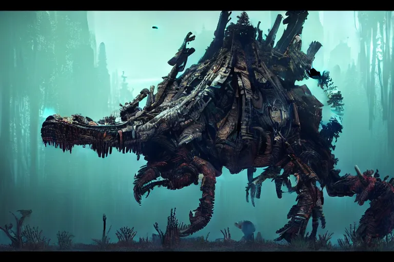 Image similar to full view of a hyper detailed organic mechanic creatuve realistic similar look as horizon forbidden west horizon zero dawn, with reflection and texturesbioluminiscence in a dark deep forest at dawn in spring, wide epic shot from horizon forbidden west,, by kilian eng, substance painter realistic mech surface metal painted scratches, world env from horizon forbidden west horizon zero dawn