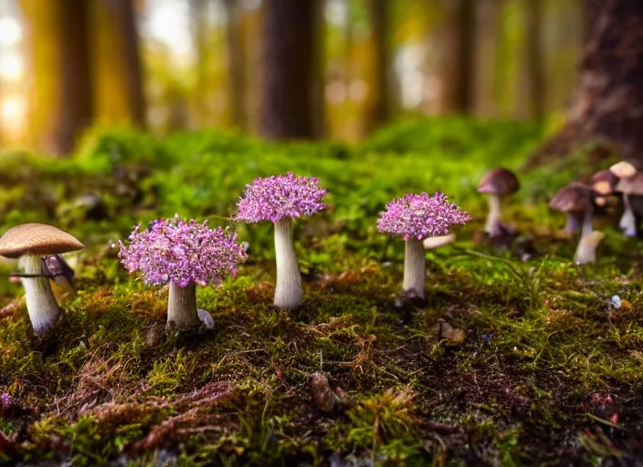 Image similar to a fantasy forest on an alien planet with delicate flowers and mushrooms that glow in the dusk, macro close up, bokeh,