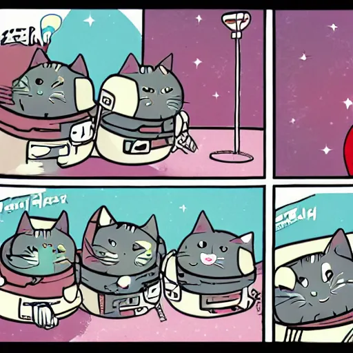 Image similar to a comic strip about cats in space, retro