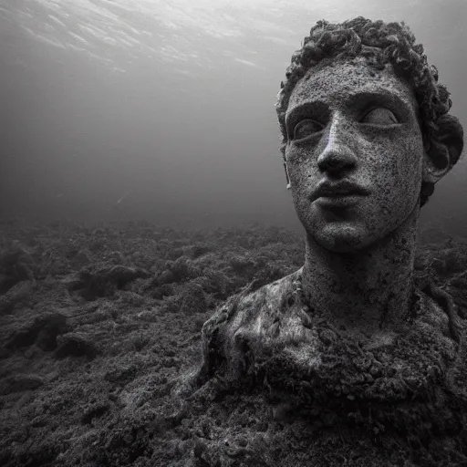 Image similar to Award-winning photograph by Cindy Sherman. The photo depicts a decaying roman bust of Mark Zuckerberg overgrown with moss at the bottom of the sea in the middle of ruins of civilization. Far shot. Minimalism, high definition, perfect composition. Deep sea picture. Very dark. Volumetric Lighting. Fish. Darkness. Ruins. Far Shot