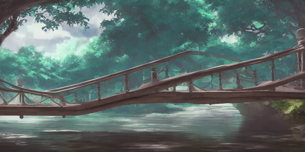 Image similar to a footbridge, cinematic angle, studio Ghibli, cinematic lighting, digital art, detailed oil painting, hyperrealistic, 8k