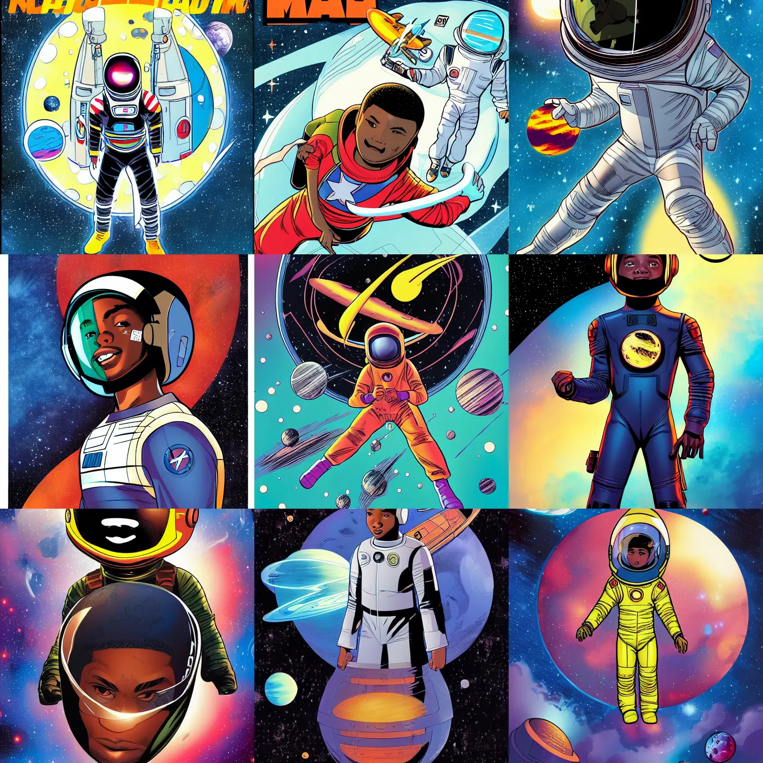 Prompt: a comic book cover art illustration of a young black boy pretending to be an astronaut, epic composition, speed lines, galaxy playroom background, by Shannon Wright and Brian stelfreeze and Mel Milton, HD, intricate details, beautiful symmetrical facial features