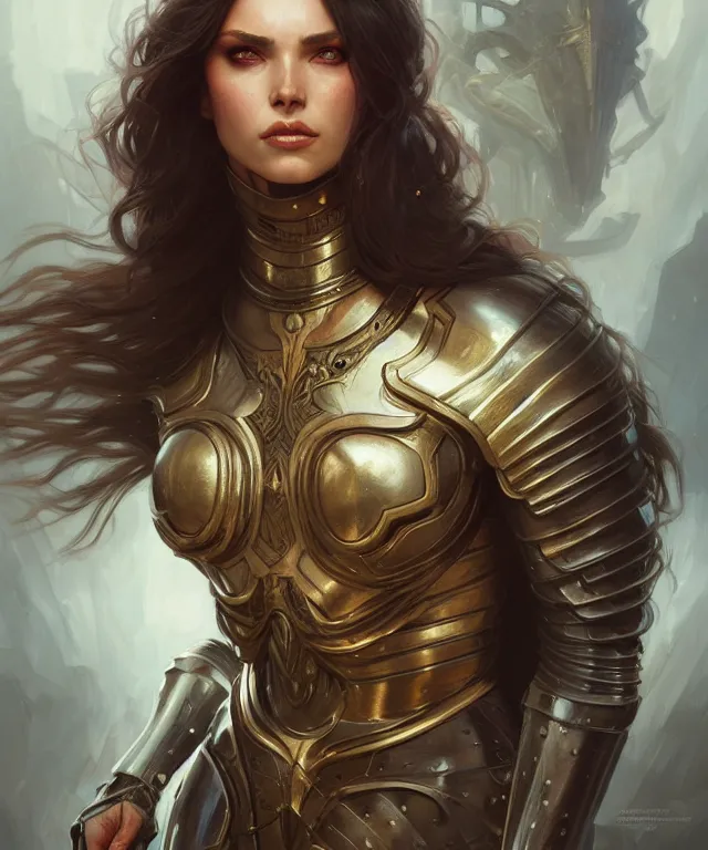 Image similar to Muscular and powerful medieval knight woman portrait, sci-fi, amber eyes, face, long hair, fantasy, intricate, elegant, highly detailed, digital painting, artstation, concept art, smooth, sharp focus, illustration, art by artgerm and greg rutkowski and alphonse mucha