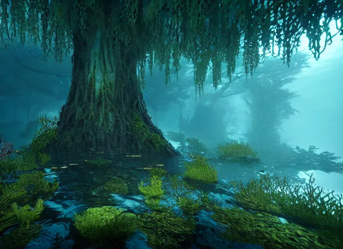 Image similar to underwater forrest. Intricate. Very detailed 8k. Fantasy horror. Sharp. Cinematic post-processing. Unreal engine. Nanite. Ray tracing. Parallax. Tessellation