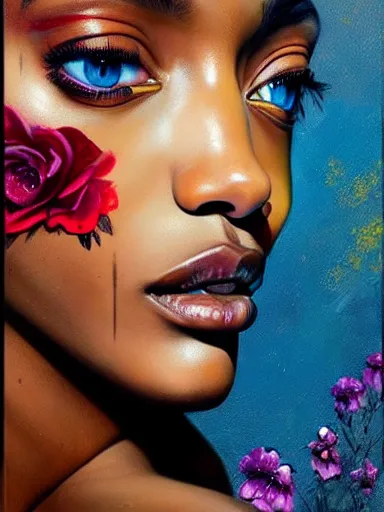 Image similar to portrait of jourdan dunn with a floral background : : painted by artgerm, karol bak, artur bordalo, sandra chevrier : : portrait, character, illustration, hyperrealism, photorealism