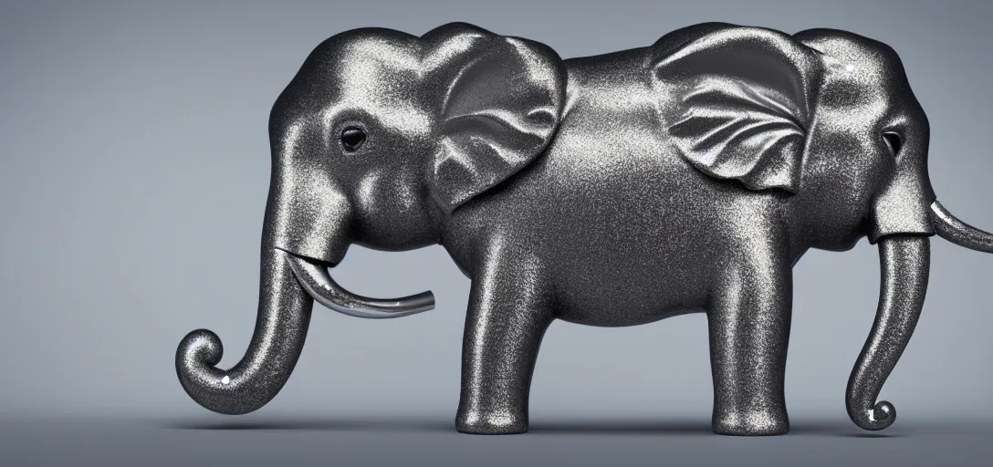 Image similar to a wide shot of silver handcrafted elephant, line of lights running inside the elephant, jewelry lighting, studio lighting, dark background, photorealistic, octane render, unreal engine