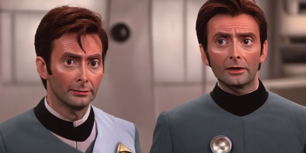 Image similar to David Tennant as Doctor Who, in Starfleet uniform, in the role of Captain Kirk in a scene from Star Trek the original series