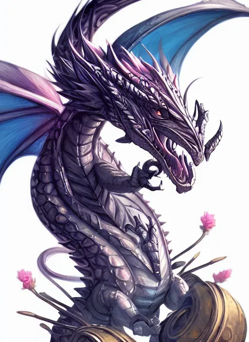 Image similar to cute small dragon, black, white, blue, pink and gold color scheme, flowers, cool, highly detailed, artgerm, cushart krenz, artstation, soft light, sharp focus, illustration, character design, concept art