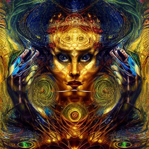 Image similar to Divine Chaos Engine by Karol Bak, Jean Deville, Gustav Klimt, and Vincent Van Gogh, sacred geometry, fractal structures