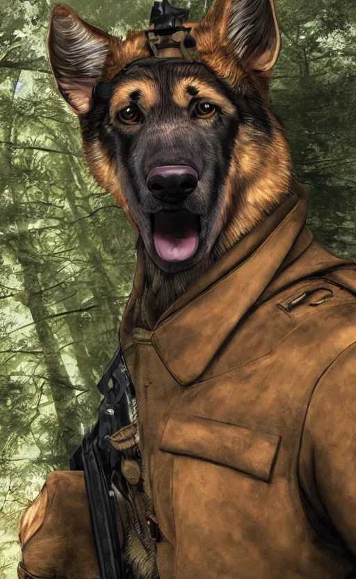 Image similar to close up character portrait icon of the german shepard beast - man military uniform head animal person wearing clothes standing in the bright forest, hidari, color page, tankoban, 4 k, tone mapping, akihiko yoshida