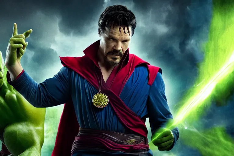 Image similar to hulk with doctor strange's powers., cinematic, dramatic, color grading, photojournalism, highly detailed