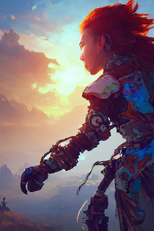 Image similar to combination suit armor aloy horizon forbidden west horizon zero dawn radiating a glowing aura global illumination ray tracing hdr fanart arstation by ian pesty and alena aenami artworks in 4 k tribal robot ninja mask helmet backpack