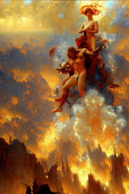 Image similar to War between heaven and hell, painting by Gaston Bussiere, Craig Mullins