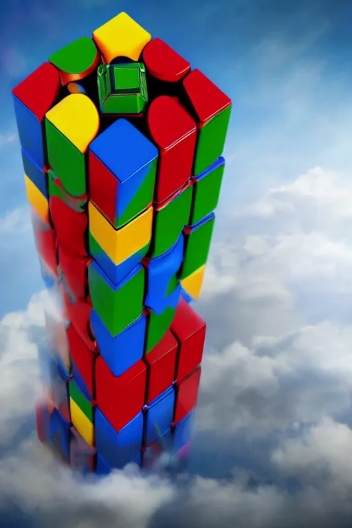 Image similar to an elaborate surreal tower of Rubik's cubes rising into the clouds, concept art, 4k