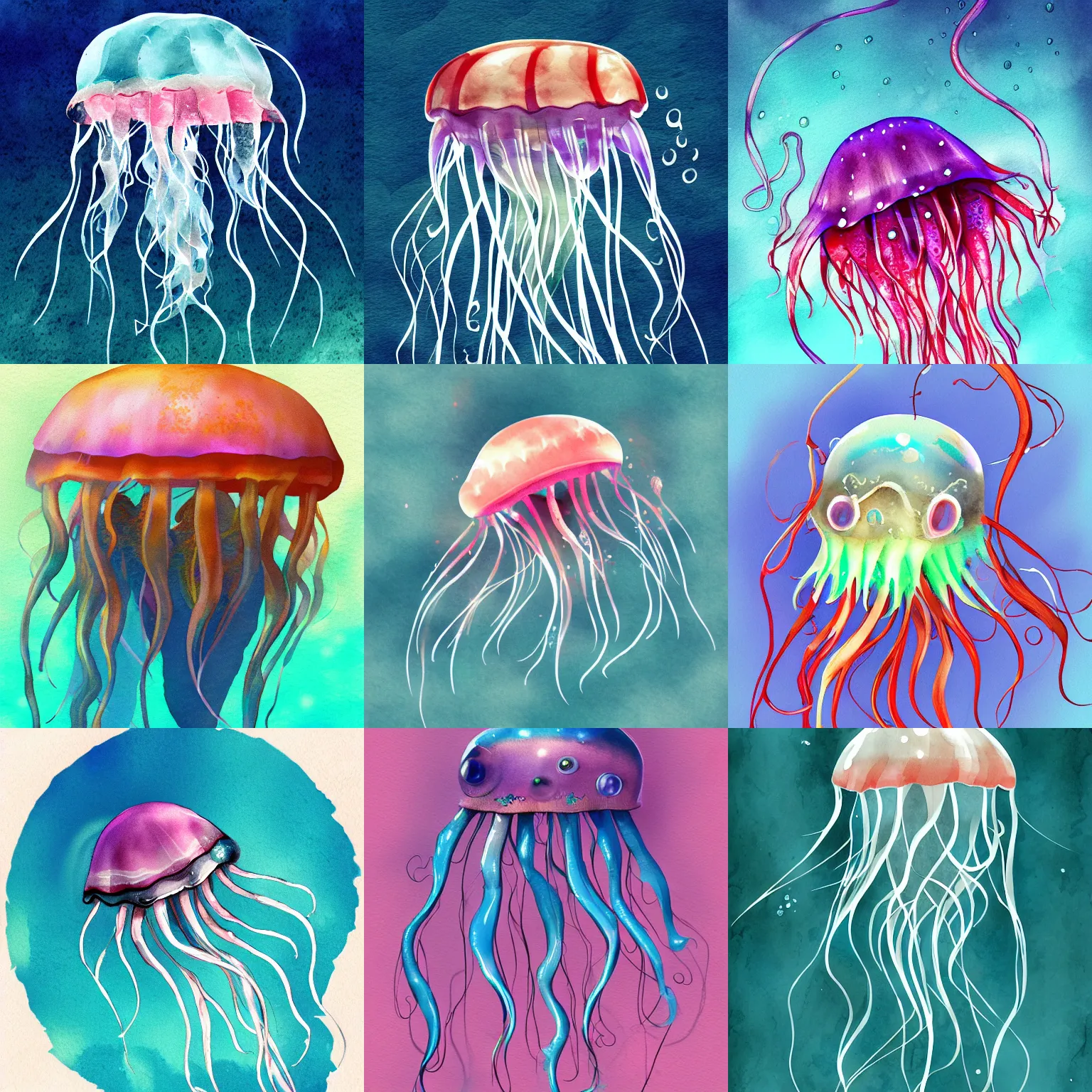 Prompt: jellyfish wearing glasses, underwater, digital watercolor, artstation