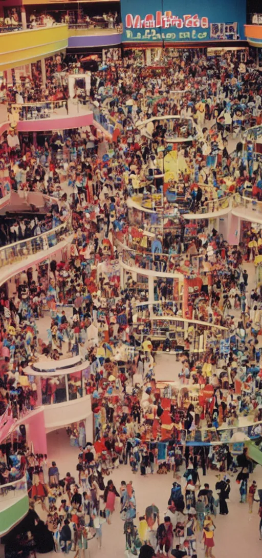 Image similar to the interior of a colorful 1 9 8 0 s mall packed with mall - goers