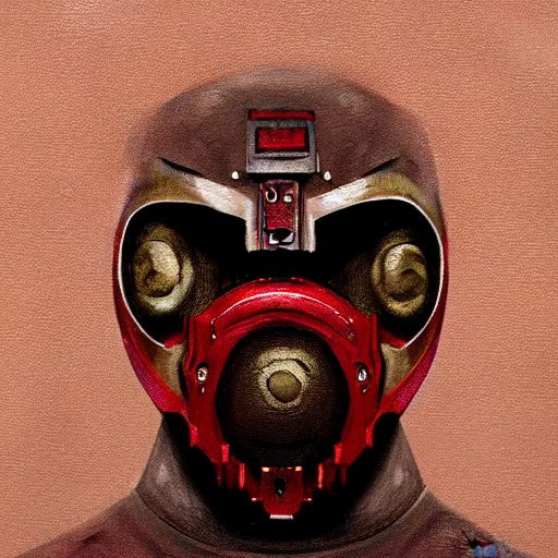 Image similar to portrait of mf doom, dr. doom metal steel mask, dark skin underneath. red t - shirt, beige complex background, intricate, elegant, highly detailed, digital painting, artstation, concept art, smooth, sharp focus, illustration, by anato finnstark, boissb - blanca. j, cindy avelino, clint cearley, anna podedworna