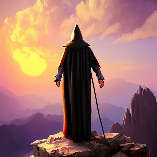 Prompt: A wizard with a black cape overlooking the scenery from a cliff, sunset, red sky, beautiful mountains, sea, digital art, WLOP, CGSociety, fantasy art, Mandy Jurgens