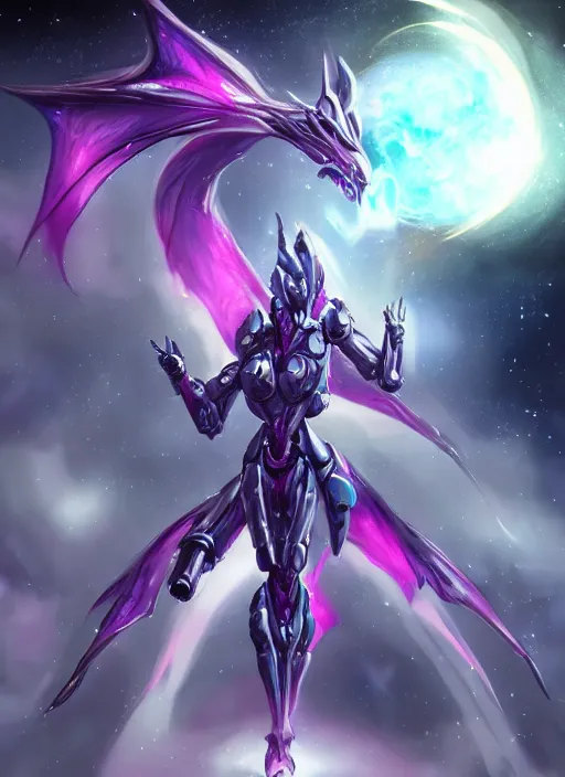 Image similar to cinematic shot, cosmic sized perfectly proportioned stunning beautiful hot anthropomorphic robot female mecha dragon, female dragon head, silver, fuschia flesh, floating in empty space, nebula sized, larger than galaxies, holding a tiny galaxy, epic proportions, epic size, epic scale, furry art, dragon art, giantess art, warframe fanart, furaffinity, deviantart