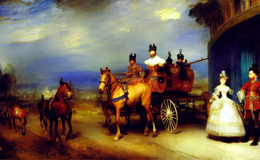 Prompt: the royal carriage, blue light, blue tones. by henriette ronner - knip, by william henry hunt, by rembrandt, by joseph mallord william turner, by konstantin razumov, concept art,