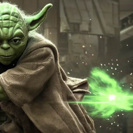 Image similar to yoda as the hulk the hulk in gears of war, splash art, movie still, cinematic lighting, dramatic, octane render, long lens, shallow depth of field, bokeh, anamorphic lens flare, 8 k, hyper detailed, 3 5 mm film grain