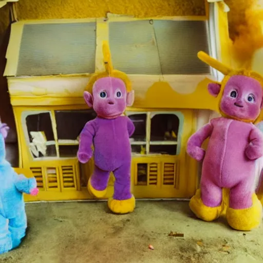 Prompt: burning teletubbies plush dolls inside abandoned dollhouse