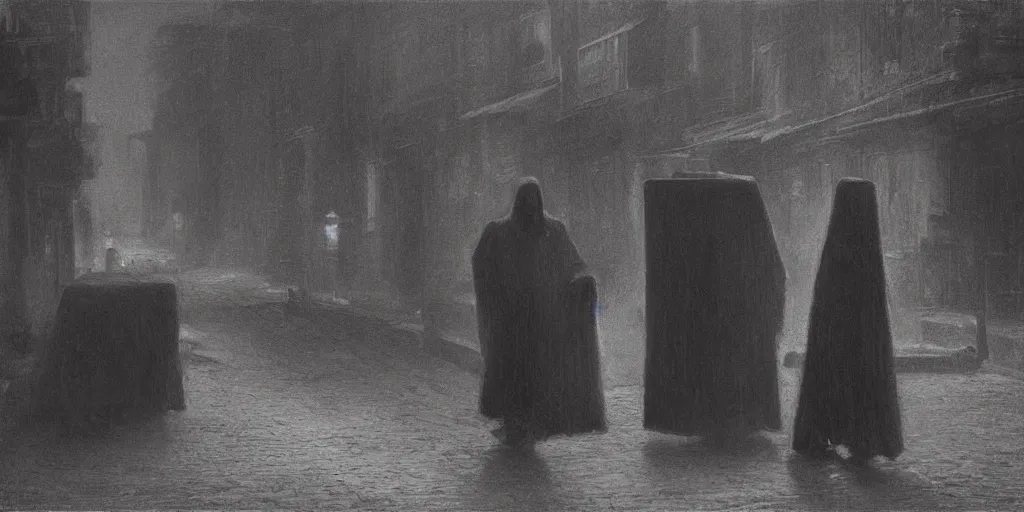 Image similar to a cloaked man dragging a black wooden coffin down the street by a chain lit only by gas lamps by john howe and henry ossawa tanner, trending on artstation, hyperrealism, highly detailed, art gallery, museum piece