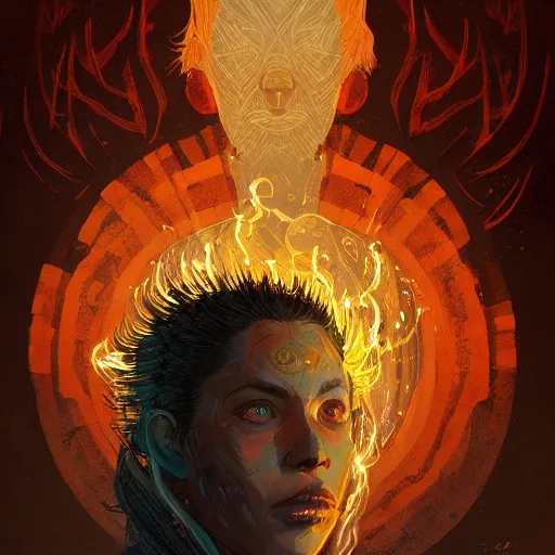 Prompt: a detailed portrait of a fire shaman, by victo ngai and greg rutkowski, digital art, realistic painting, very detailed, fantasy, dnd, trending on artstation