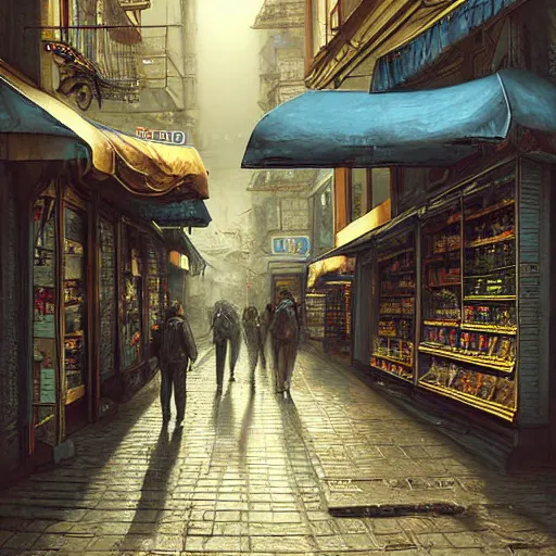 Prompt: A fantasycore photograph of a convenience store with photograph of 2099 portugal lisbon on the street of a very highly detailed eldritch city digital rational painting art by Greg Rutkowski, sci-fi highly detailed, digital concept art, a 12x(very) much detailed Dimensional cyan gold natural light, sharp focus, a 12x(very) much detailed by Eta Cru and James Gurney and Donato Giancola, composition by alphonse mucha, a group of people gathered around a drone in the city. The drone is surrounded by a bright light, and the people appear to be looking up at it in wonder
