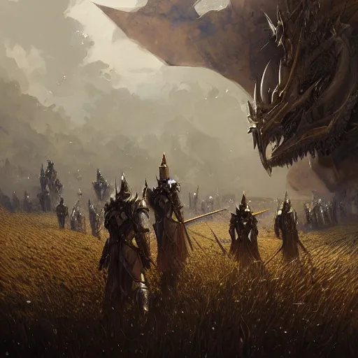 Prompt: 7 knights in golden armor watching a dead dragon body crushed in a field, fantasy, highly detailed, digital painting, artstation, concept art, illustration, art by Greg Rutkowski