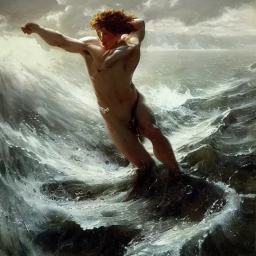 Image similar to epic battle brown haired boy summons a huge wave of water. greek sea god. extremely detailed. masterpiece. dramatic. rule of thirds. jc leyendecker. repin. ruan jia.