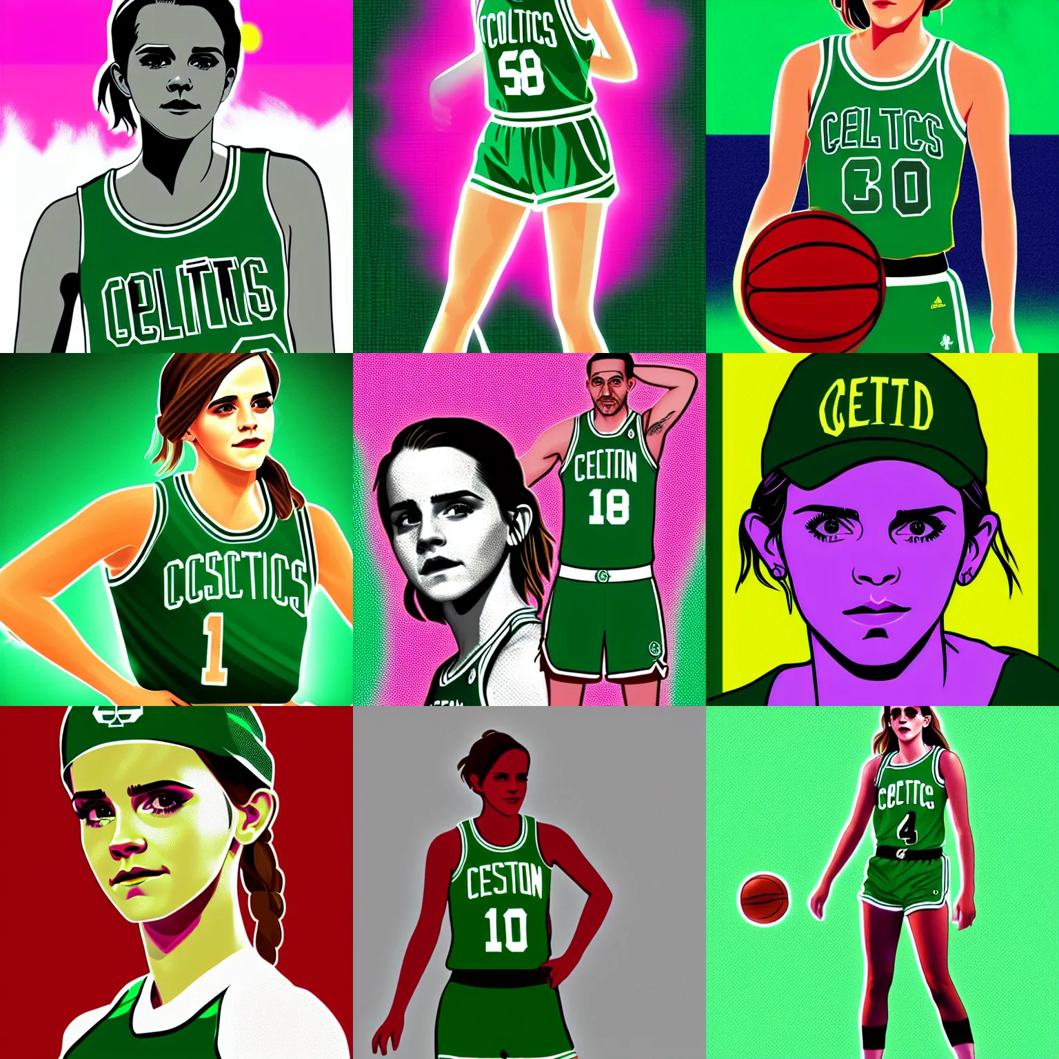 Prompt: emma watson wearing boston celtics uniform, retrowave fanart, digitalart