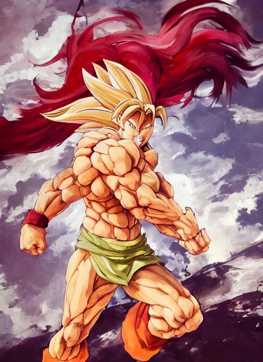 Image similar to semi reallistic gouache gesture painting, by yoshitaka amano, by Ruan Jia, by Conrad roset, by dofus online artists, detailed anime 3d render of gesture painting of Crono as a super Saiyan, young Crono blond, Crono, Dragon Quest, Crono, goku, portrait, cgsociety, artstation, rococo mechanical, Digital reality, sf5 ink style, dieselpunk atmosphere, gesture drawn