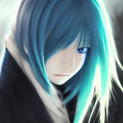 Image similar to full face shot of rimuru tempest, sky blue straight hair, long bangs, amber eyes, wearing a fancy black jacket, high collar, ultra detailed, brush strokes, digital painting, cinematic, wlop artstation, closeup, pixiv, eerie, scary, intimidating, evil, yoshitaka amano, junji ito,