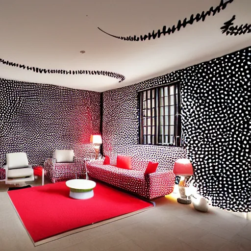 Image similar to A living room with interior design by Yayoi Kusama