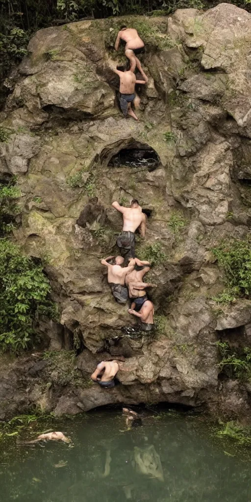 Prompt: photo of three men in a pond struggling to climb the same gigantic!!!! porcelain toilet. The three men are angry and shouting at each other. The toilet they are trying to climb is the size of an island. Flash photograph at night, 4k, highly detailed