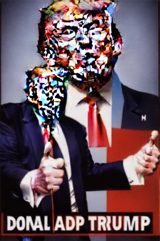 Prompt: donald trump as hard bass music dj, surreal, electronic hardcore music, art by joshy sly, dali