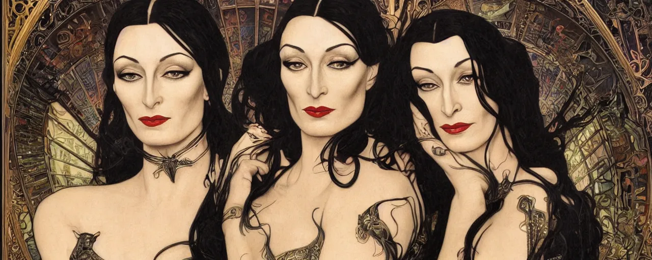 Image similar to stunning exotic art nouveau portrait of anjelica huston and morticia addams as industrial dieselpunk queens of the night by glenn fabry, simon bisley and alphonse mucha, photorealism, extremely hyperdetailed, perfect symmetrical facial features, perfect anatomy, ornate declotage, spikes, latex, confident expression, wry smile, sinister eyes