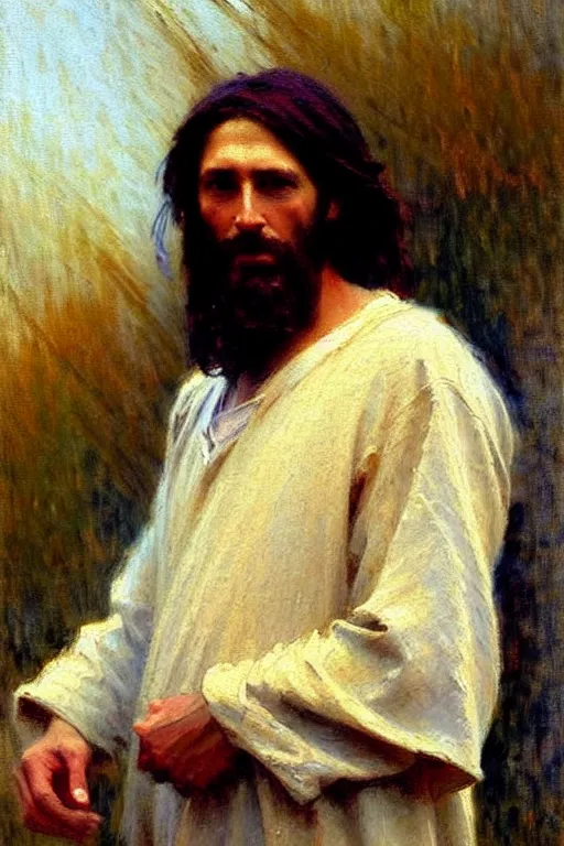 Image similar to impressionist brushstrokes!!!!!!!!! solomon joseph solomon and richard schmid and jeremy lipking victorian loose genre loose painting full length portrait painting of jesus with a slight smile happy inviting