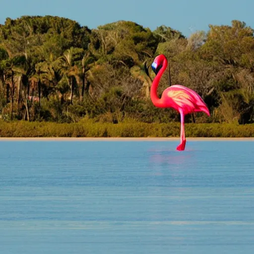 Image similar to photo of colossal flamingo on the horizon with atmospheric perspective