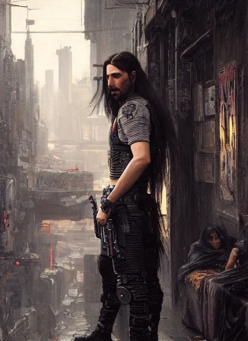Image similar to long hair vampire. cyberpunk mercenary in a military vest ( blade runner 2 0 4 9, cyberpunk 2 0 7 7 ). orientalist portrait by john william waterhouse and james gurney and theodore ralli and nasreddine dinet, oil on canvas. cinematic, hyper realism, realistic proportions, dramatic lighting, high detail 4 k