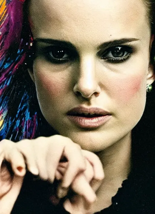 Prompt: promotional image of natalie portman as a british punk rocker in the 80s, rugged black clothes, colorful dyed short hair, tatoos, detailed face, movie still frame, promotional image, imax 70 mm footage