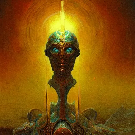 Image similar to god of the sun, wearing solar armor, infinity blade armor, beksinski