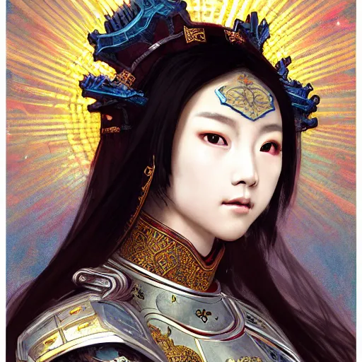 Image similar to beautiful and divine and holy and elite and colorlpunk three kingdom chinese female armor knight portrait like twice tzuyu+shinnyy eyes+front face with light flowing hair, ultradetail face, art and illustration by tian zi and craig mullins and WLOP and alphonse mucha, fantasy, intricate complexity, human structure, human anatomy, fantasy character concept, watermark, blurry, hyperrealism 8k