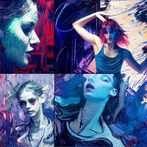 Prompt: portrait of beautiful girl sensual dancing, ecstatic, wonderful techno party, shades of blue, utopia, by by greg rutkowski, by jeremy mann, by francoise nielly, by vincent van gogh